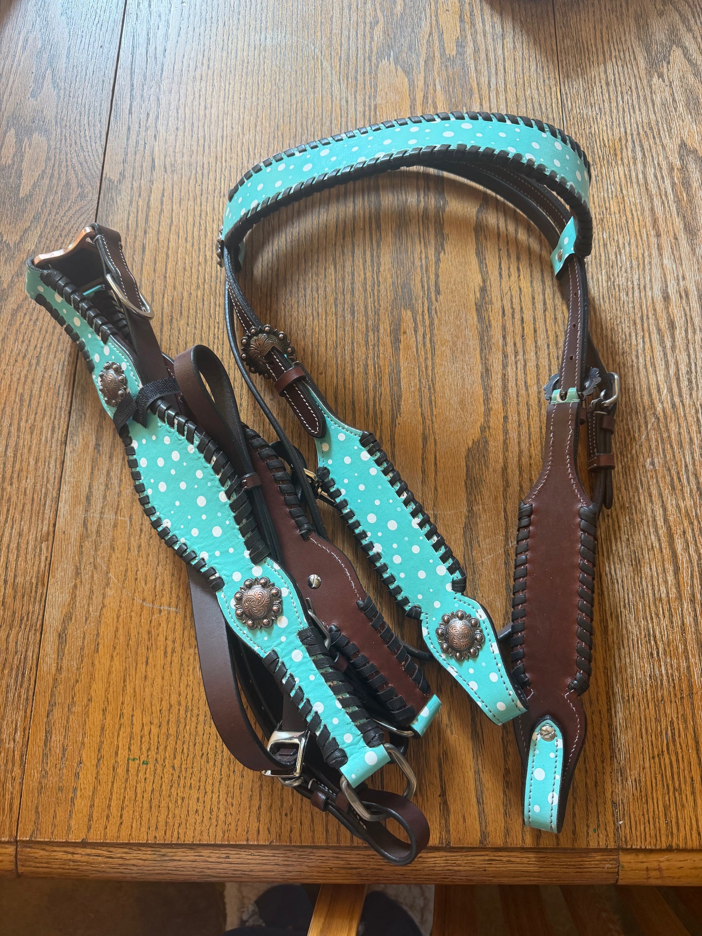 Blue Polka Dot Leather Tack Set