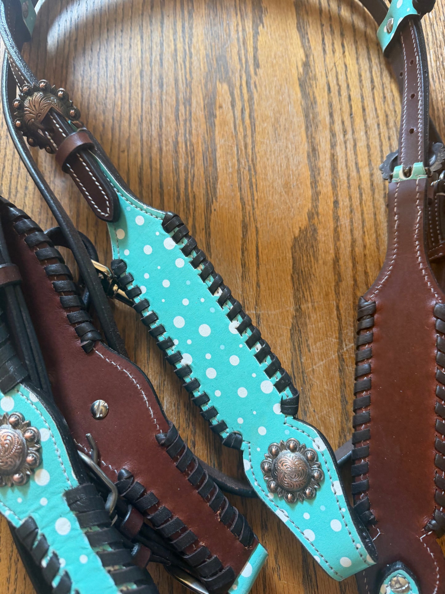 Blue Polka Dot Leather Tack Set
